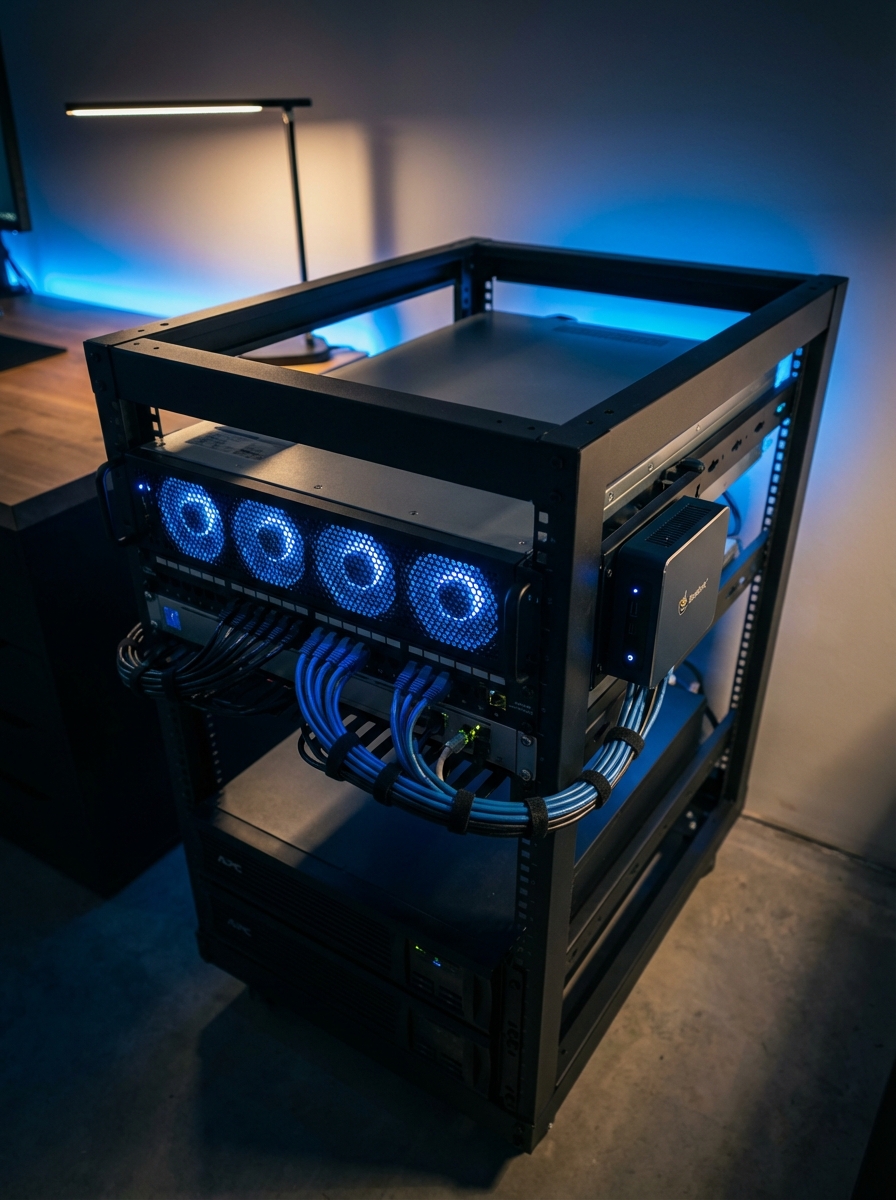 Completed homelab rack — two Proxmox nodes, ZFS storage, and proper network segmentation