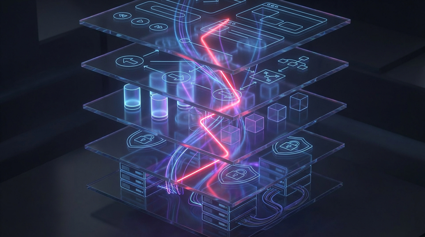 Systems thinking in software — failures propagating across frontend, backend, security, and infrastructure layers