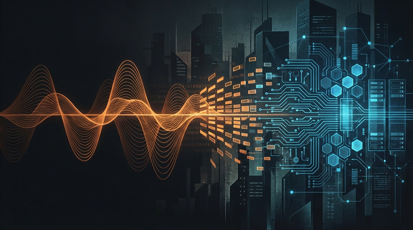 Voice waveforms transforming into digital API infrastructure — analog to digital, voice to code